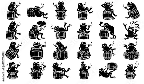 Funny Cartoon Frog Smoking Cigar on Wooden Barrel Black Silhouette Set