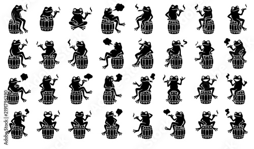 Vintage Frog Character Smoking Cigar Barrel Black Silhouette Vector Collection