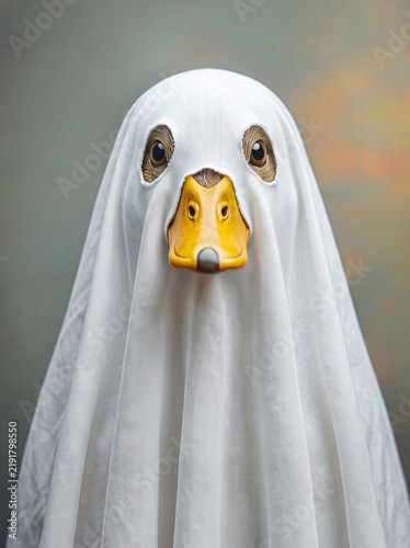 Duck dressed as ghost in white sheet, funny Halloween bird portrait
