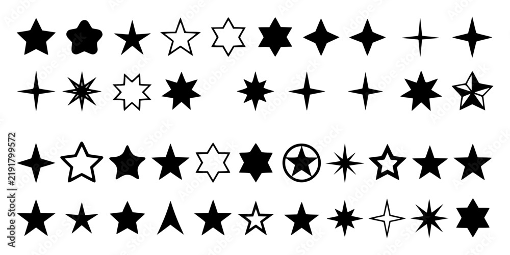 Fototapeta premium Collection of various black star silhouettes and outlines set with simple line art design featuring outline, illustration, graphic elements with clean design and vector art