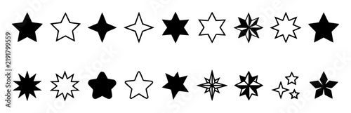 Collection of various black star silhouettes and outlines set with simple line art design featuring simple design, minimalist, black and white with illustrations and graphics