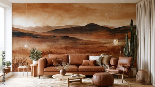Rustic boho earth tone backdrop watercolor concept. Cozy living room with brown leather sofa and desert landscape mural wall.