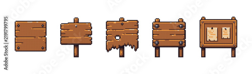 Pixel Art Wooden Sign and Notice Board Set, Retro 8-Bit Game Signs