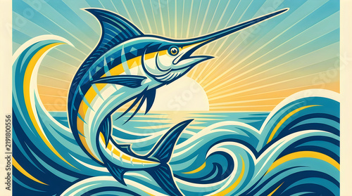 Blue marlin fish jumping out of the ocean at sunset illustration