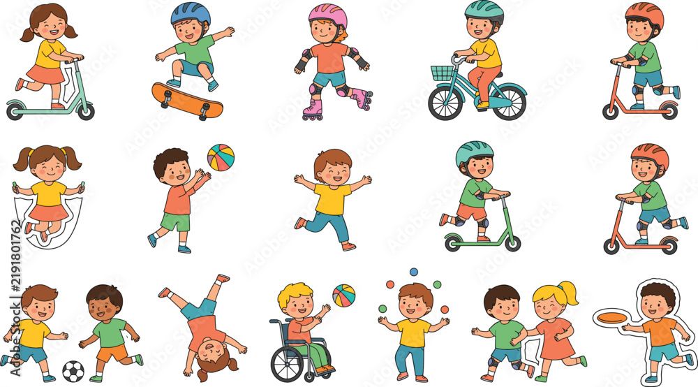 Fototapeta premium Cute Active Kids Vector Set Featuring Diverse Children Riding Scooters, Bicycles, Skateboarding, Playing Soccer, and Enjoying Outdoor Summer Sports Activities