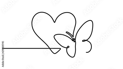 Animated One continuous line drawing of love and butterfly signs. The spring nature linear motion graphics. Minimal lovely flying butterfly icon line art animation full-length video clip. 4k