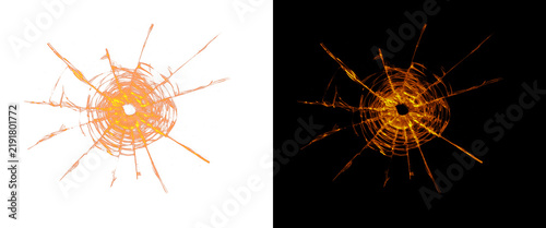 Photography Glowing orange bullet hole impact on glass, shattered glass texture with radial