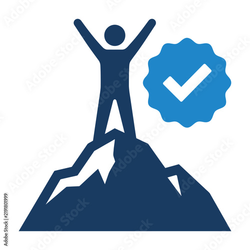 Successful professional reaching mountain peak with checkmark achievement