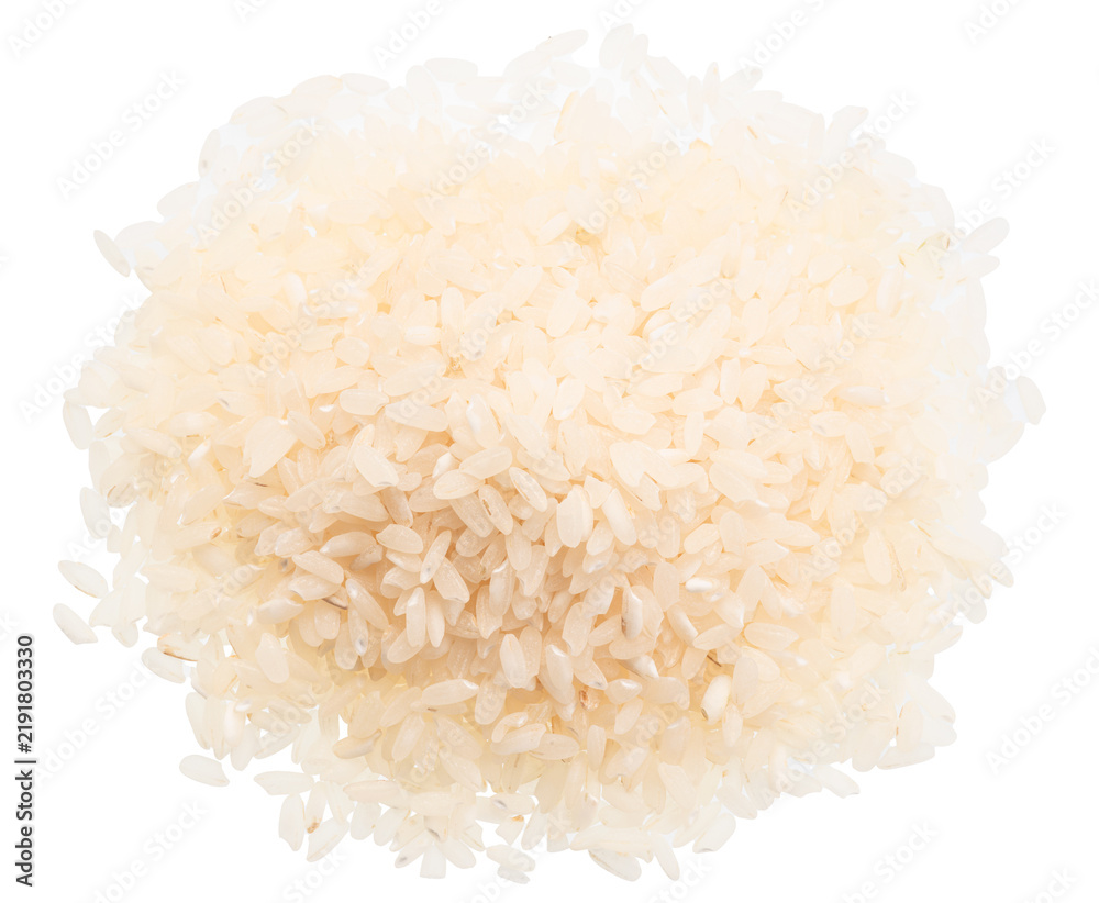 Obraz premium Pile of white Arborio rice on white background. File contains clipping path.