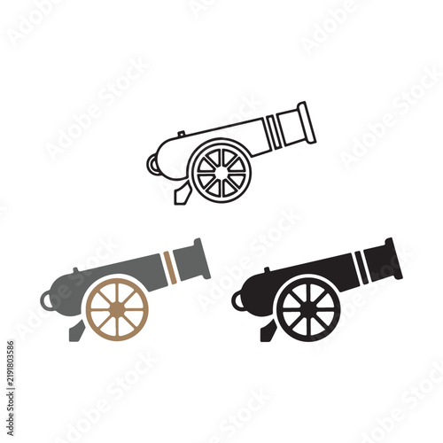 Vintage cannon vector icons set, antique artillery weapon silhouettes, historical military field gun illustrations for museum and history projects