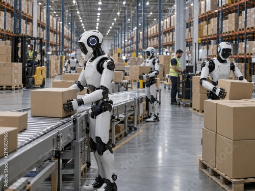 Mehrere humanoide Roboter bearbeiten Pakete an Förderbändern in einem großen Versandlager. Automatisierung und Robotik zeigen die Zukunft skalierbarer Logistik.