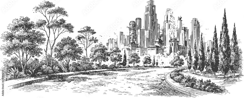 Obraz premium Urban city landscape with park and river vector sketch for travel and architecture design.