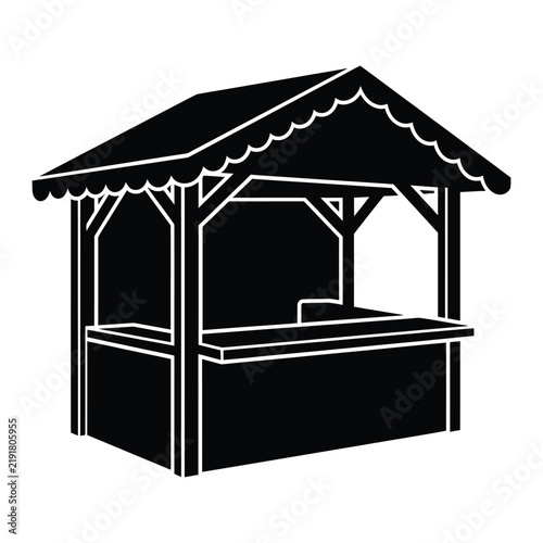 Christmas day, Wooden market stall silhouette, black kiosk for outdoor festivals and street fairs, traditional trade booth vector icon for retail events isolated on White Background