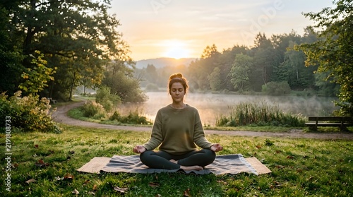 Person meditating outdoors in nature at sunrise, mindfulness and peace