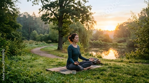 Woman practicing meditation in peaceful park, yoga and relaxation