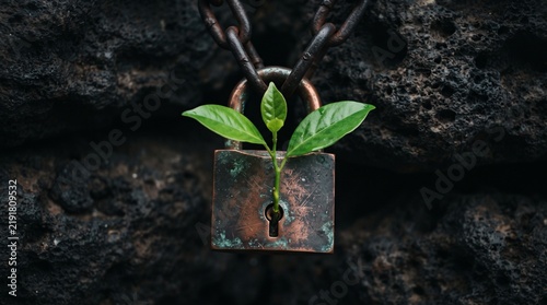 A rusty padlock secured by a chain against a dark background, with a healthy green plant growing from its center.