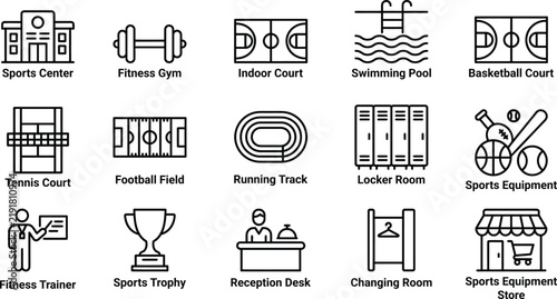 Sports Center Outline Icon Collection for Fitness, Athletics, Training, Recreation and Sports Facilities