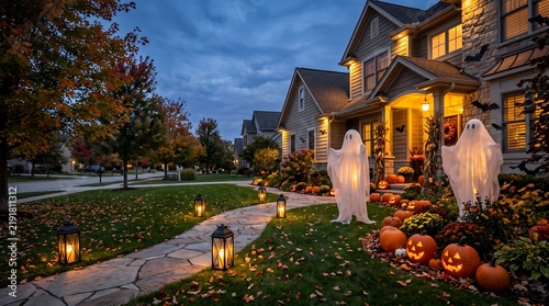 Suburban house decorated for Halloween with glowing ghosts and pumpkins at night