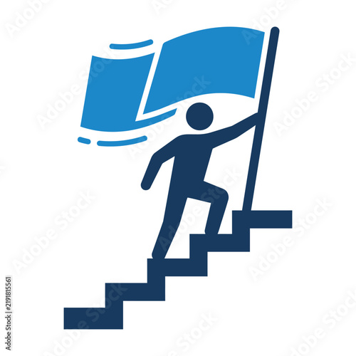 Person climbing a staircase carrying a flag symbolizing achievement and goal reaching with climbing