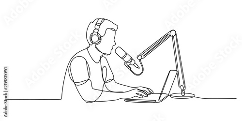 Person recording a podcast with a microphone and laptop line art