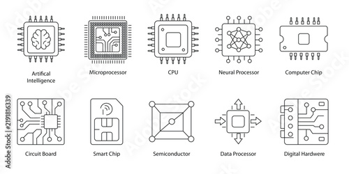 Microprocessor icon set featuring editable stroke outlines of artificial intelligence chips, CPU, and circuit boards.