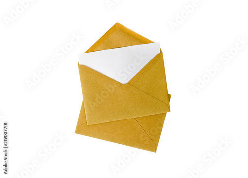 Two kraft envelopes - one sealed and one open with a blank sheet of paper inside, top view. Unopened and opened envelopes, transparent background