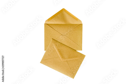 Two kraft envelopes - one sealed and one open and empty, top view. Unopened and opened envelopes, transparent background