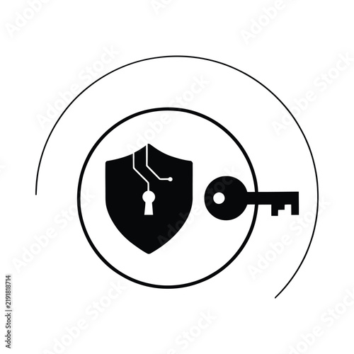 Photography Shield with keyhole and key a black silhouette against a white background repres