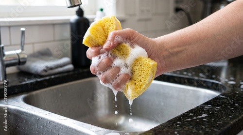 Obraz na plátně Person squeezing soapy yellow sponge over a stainless steel sink