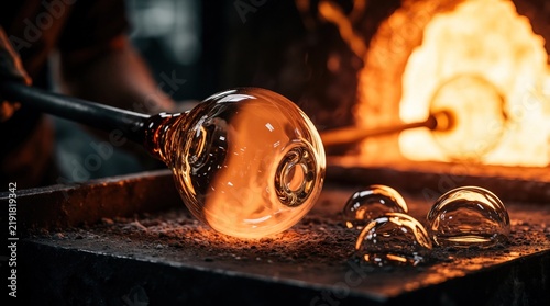 Artisan crafts molten glass on blowpipe near hot furnace. Hot liquid forms object on work surface. Molten glass detail, hot glowing artwork.