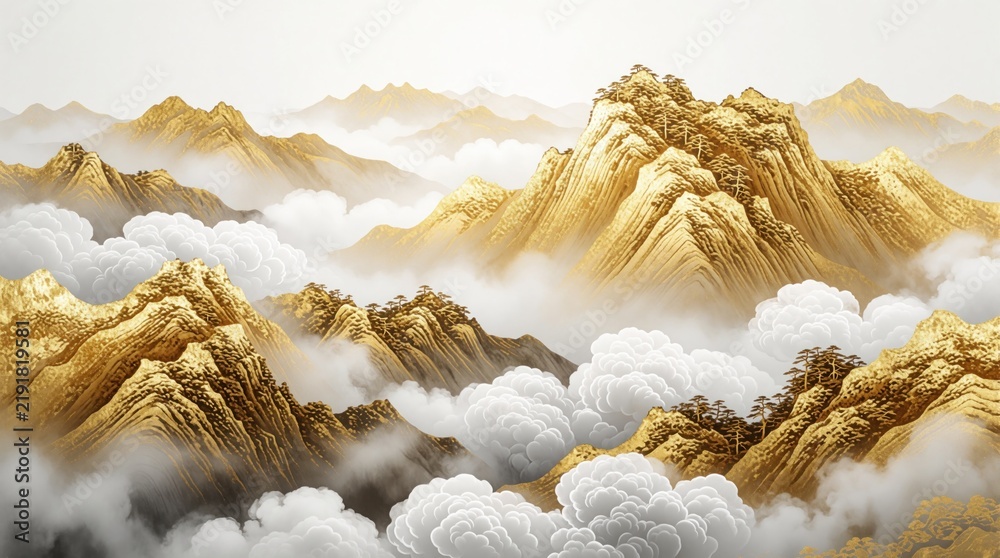 Obraz premium Golden mountain range with mist and clouds in Chinese painting style. Artistic landscape illustration with gold foil details, suitable for avatar or decorative use.