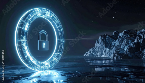 Cybersecurity lock ring digital shield night ocean