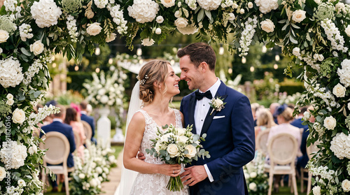 Married couple standing close together inside a stunning floral archway with wedding guests seated in the background during a lovely outdoor ceremony.