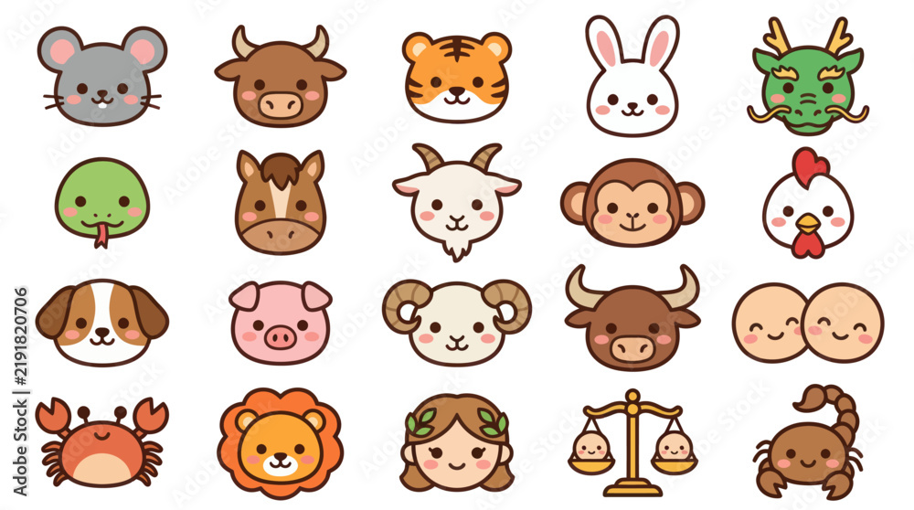 Fototapeta premium Cute animal and zodiac icons collection