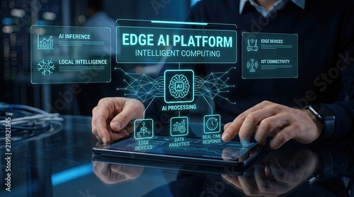Obraz na płótnie Hands interacting with a digital interface displaying edge ai platform and data visualization