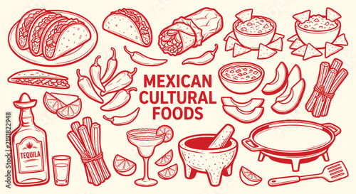 Mexican cultural food traditional cuisine doodle set. spicy taco, burrito, nachos, tequila, churros. for authentic latino restaurant menu, travel tourism guide. red outline vector graphic.