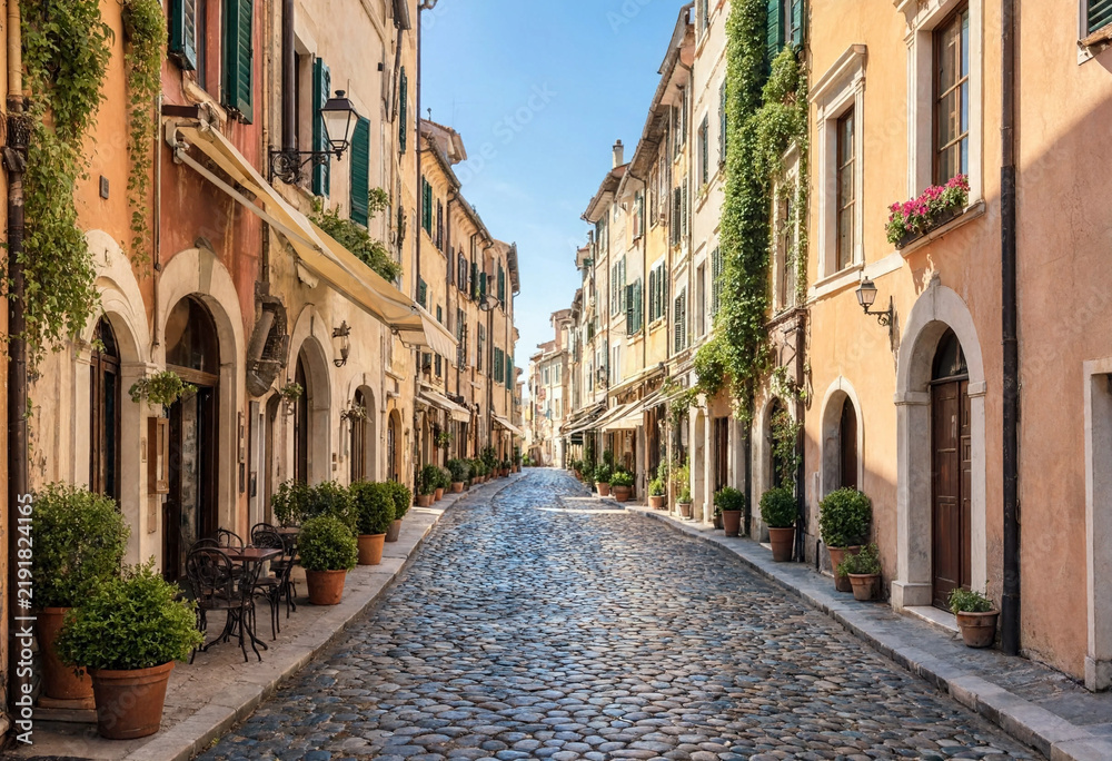 Fototapeta premium Quiet cobblestone street lined with colorful historic buildings, arched doorways, potted plants, and outdoor cafe seating in warm sunlight.