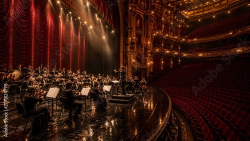 Grand Overture: An orchestra performs on a richly decorated stage in a opulent theater, illuminated by dramatic spotlights, with empty velvet seats suggesting an expectant audience.