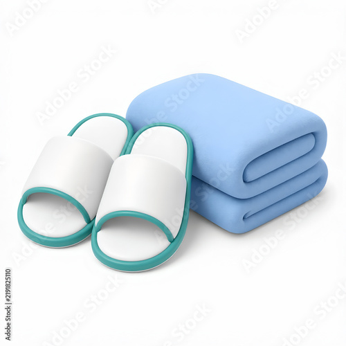 Room Slippers + Hotel Towel 3d rendering isolated on white background plastic style icon