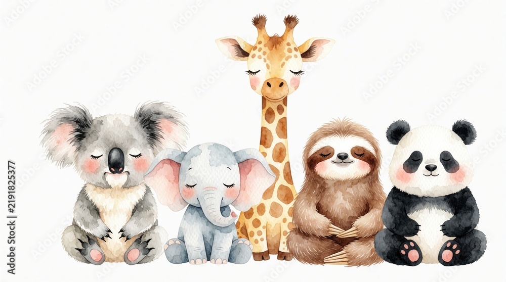Obraz premium Cute watercolor animals koala giraffe elephant sloth panda meditate peacefully in zen lotus pose. Adorable baby wildlife characters sit calmly for relaxation mindful practice.