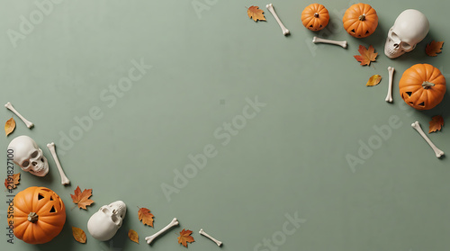 Halloween flat lay background with pumpkins skulls and autumn leaves on green