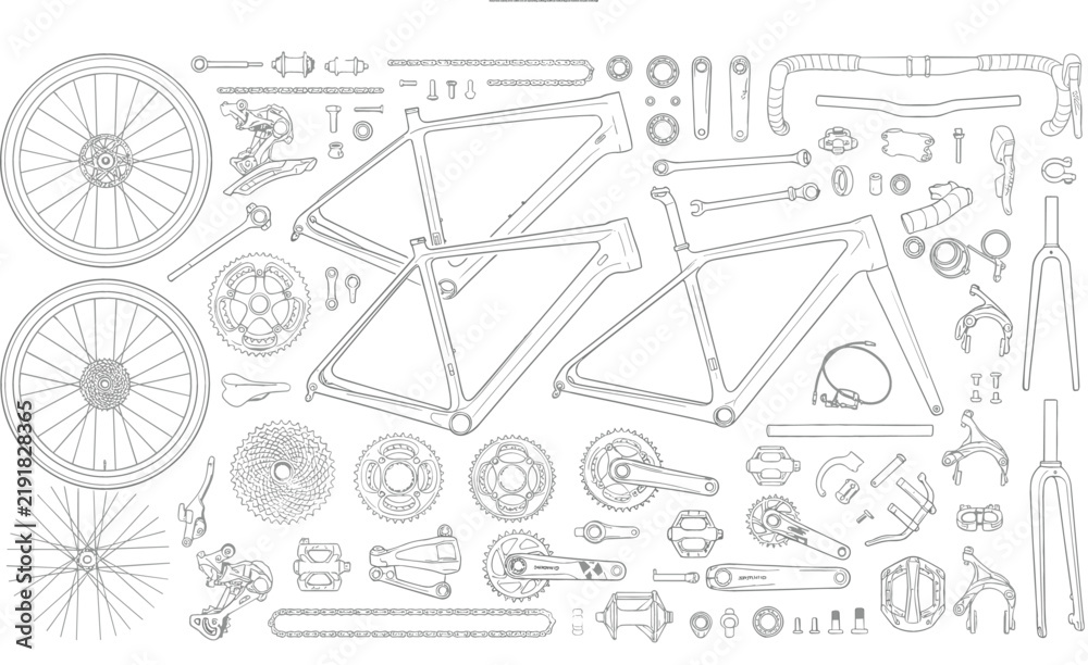 Fototapeta premium Bicycle components and spare parts layout vector outline drawing for repair maintenance workshop or cycling shop