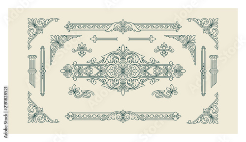 Elegant green filigree ornament design elements set on cream background for luxury certificate border accents.