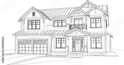 Принти на полотні Modern craftsman suburban family house perspective sketch blueprint vector illus