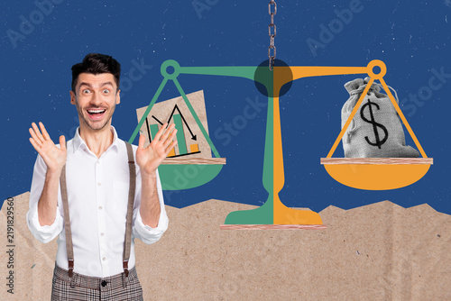 Konstfotografi Excited man celebrating financial success as scales balance money and a falling