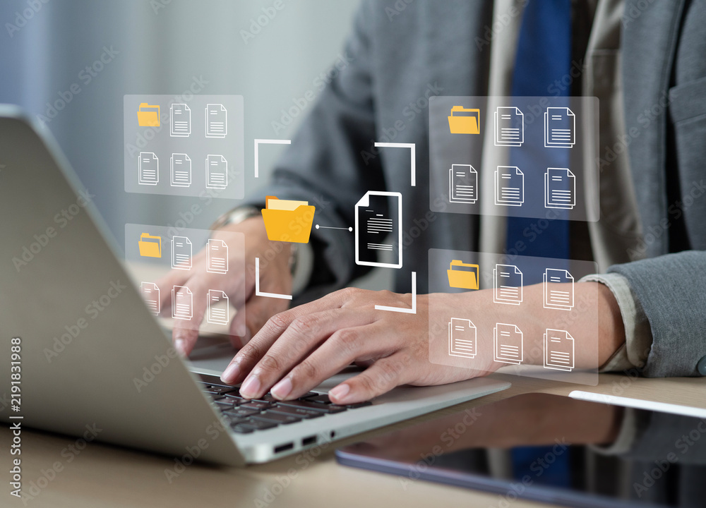 Obraz premium Concepts regarding data export and privacy requests; documents and folders being downloaded from user accounts; access to personal data; data backup; and secure data management.