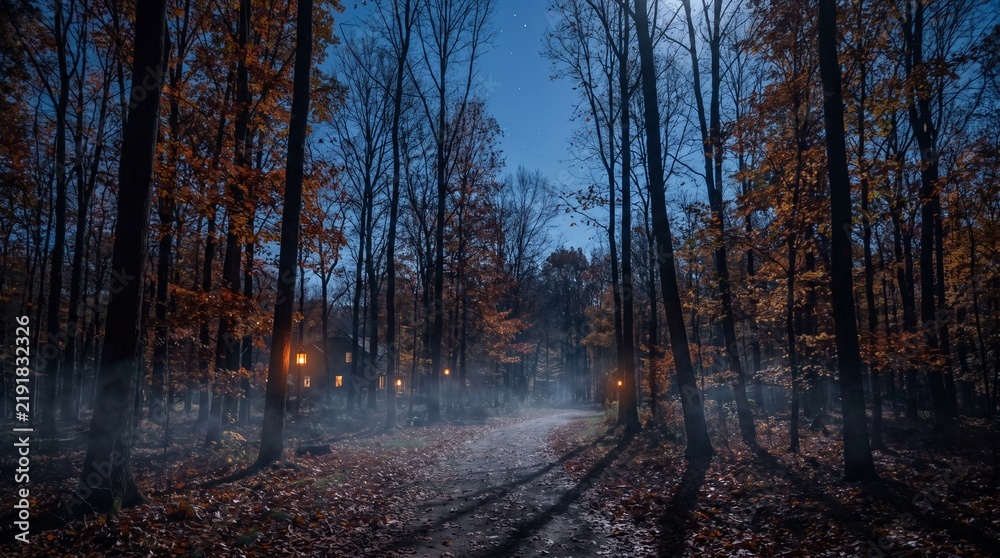 Fototapeta premium Autumn forest path at twilight with misty atmosphere and orange foliage