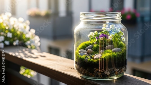 Miniature garden in a glass jar terrarium bathed in golden sunlight.