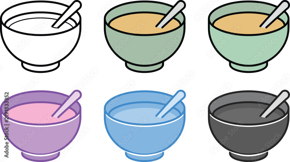 Fototapeta premium Colorful and Outline Vector Soup Bowl Icon Set Featuring Breakfast, Cereal, Porridge, and Dining Symbols for Kitchen Designs