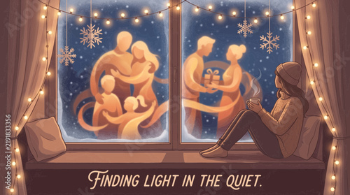 Cozy Winter Window Scene with Glowing Family Memories and Woman Drinking Warm Tea